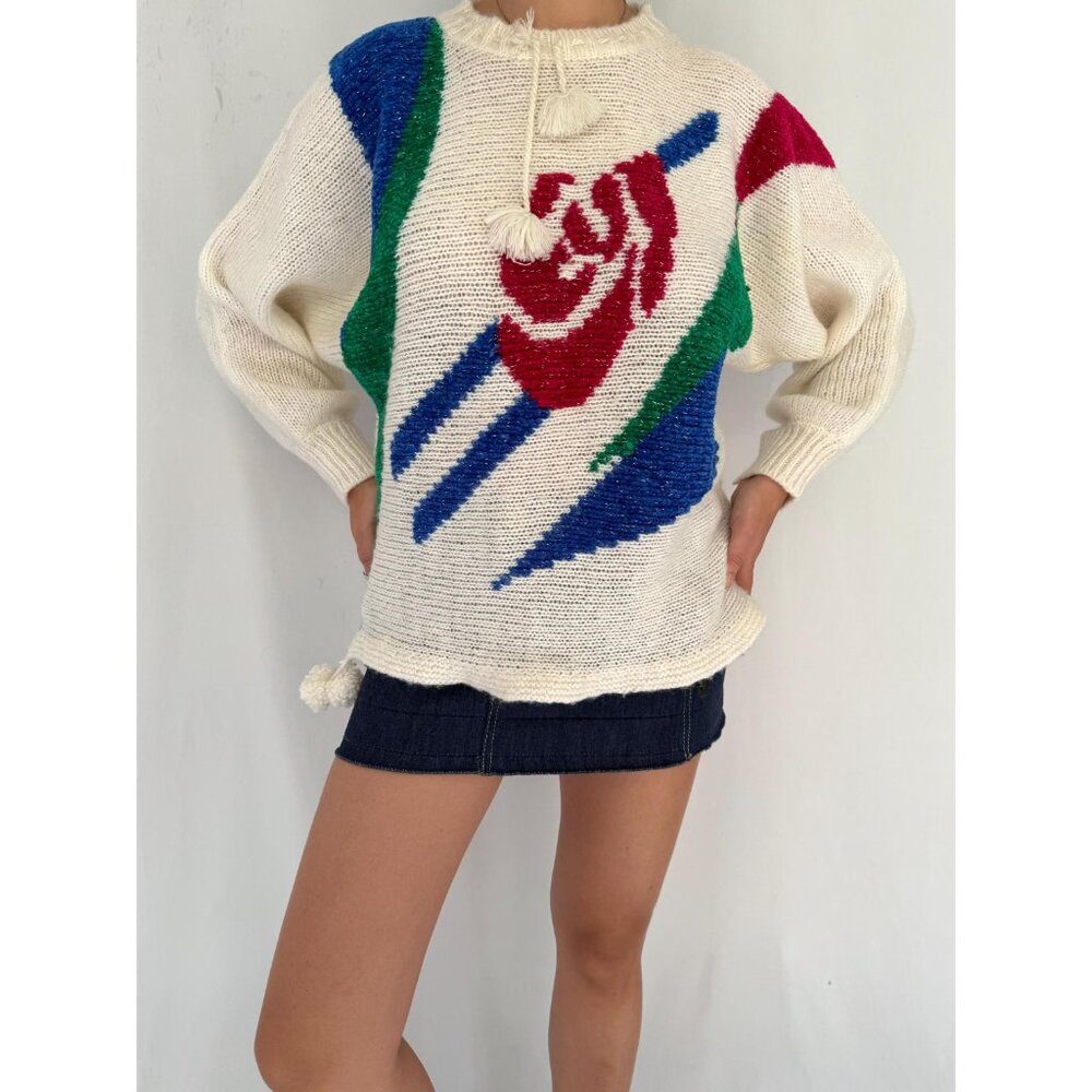 80s vintage colorful sparkly floral abstract print knit sweater with pom poms - Picture 2 of 10